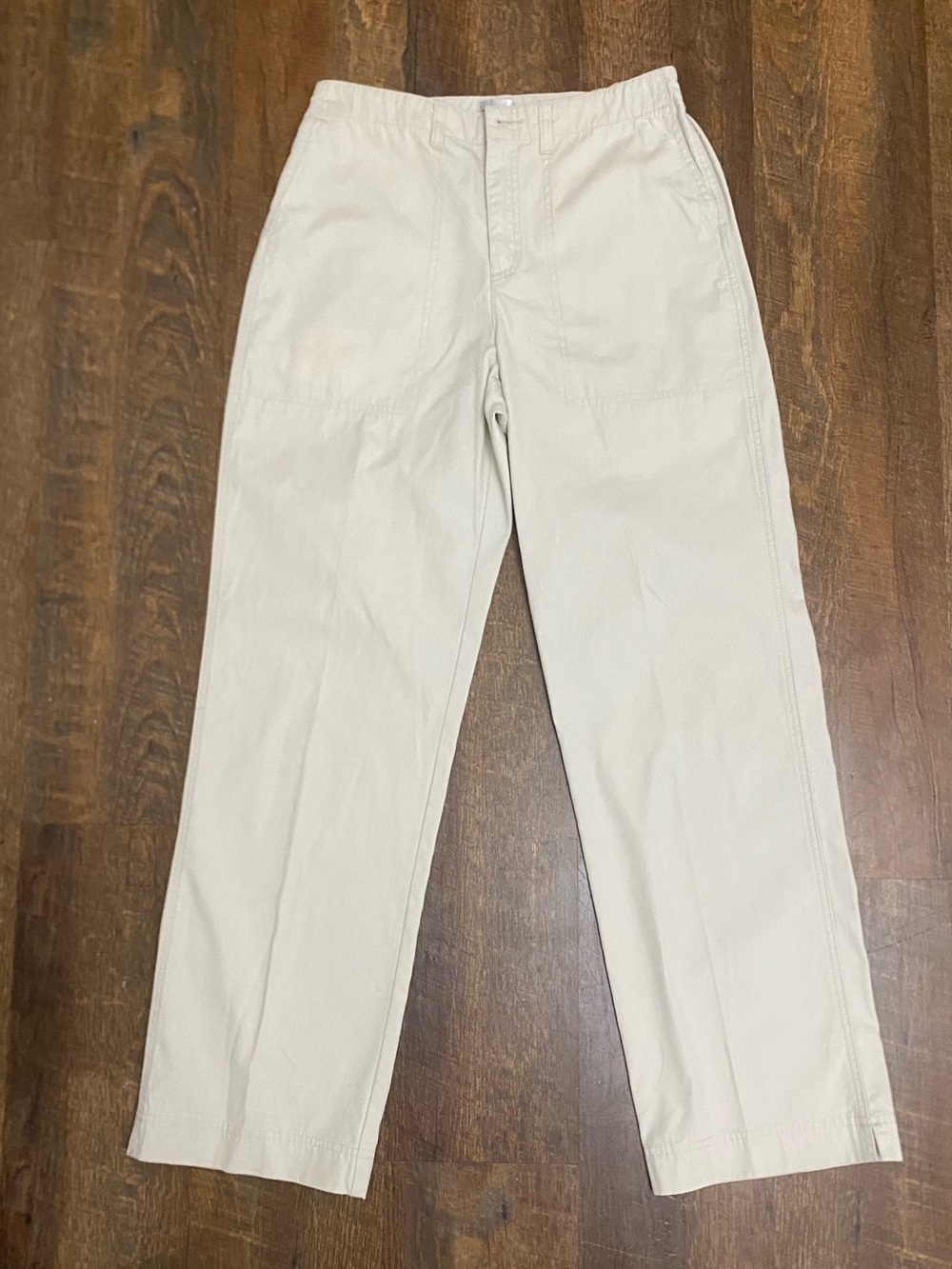 Chico's Beige Solid Cargo Pants Women's 1 Cotton Twill Straight Leg Pockets